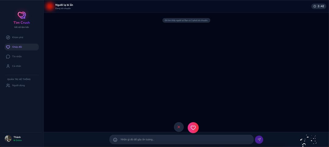 Giao diện ghép cặp ngẫu nhiên và chat ẩn danh trên Tìm Crush